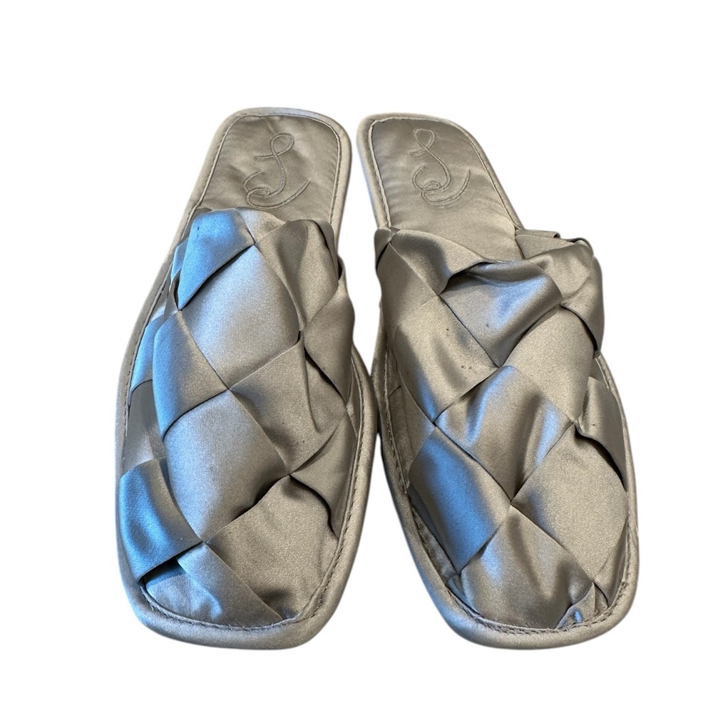 Sam Edelman Silver Satin Woven Slides ✨ Designer Slip-On Sandals Square Toe